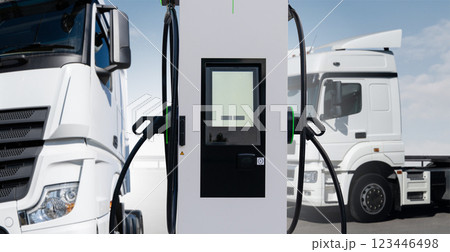 Electric vehicles charging station on a background of a trucks Electric vehicles charging station on a background of a trucks 123446498