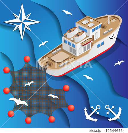 The boat for fishing. Isometric. Vector illustration. 123446584