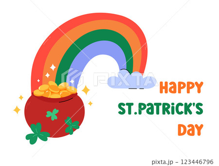 St. Patricks Day greeting card, vector illustration. Cute Leprechauns pot of gold and colorful rainbow. Happy Saint Patrick Day March 17 horizontal card, poster 123446796