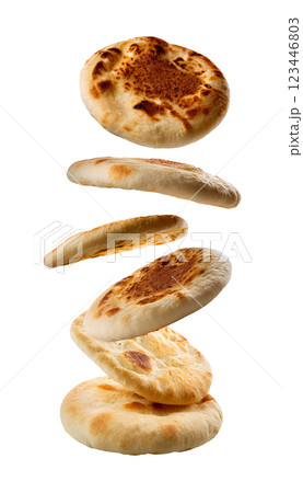 Floating and Flying Pita Bread as Freshly Baked Fluffy Flatbreads 123446803
