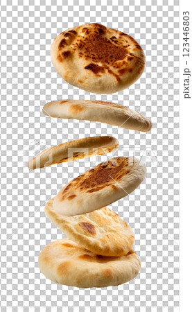 Floating and Flying Pita Bread as Freshly Baked Fluffy Flatbreads 123446803