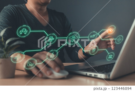 hand touch hologram screen to save energy,and reduce global warming,sustainable business investments,carbon credit,eco-friendly investment,ESG for Environment Social and Governance. 123446894