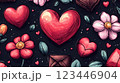 Artistic composition of vivid red hearts, delicate pink flowers, green leaves, and chocolate pieces on a dark background. A romantic and whimsical design perfect for love-themed celebrations. 123446904