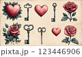 Charming vintage composition featuring red hearts, intricate skeleton keys, and beautifully detailed roses with green foliage. A romantic and timeless aesthetic exuding elegance and love. 123446906