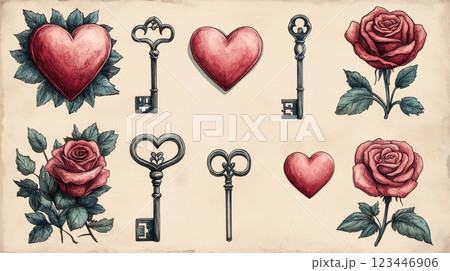 Charming vintage composition featuring red hearts, intricate skeleton keys, and beautifully detailed roses with green foliage. A romantic and timeless aesthetic exuding elegance and love. 123446906