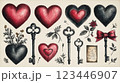 Elegant vintage illustration showcasing red and black hearts, intricate skeleton keys, botanical sketches, a handwritten note, and a red bow. Romantic and timeless with artistic charm. 123446907