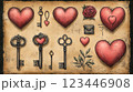Vintage illustration on aged parchment featuring red hearts, ornate skeleton keys, a blooming rose, leafy branches, and a sealed envelope. Exudes timeless romance and artistic charm. 123446908