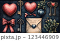 Vintage inspired illustration featuring red hearts, ornate keys, an aged envelope with a seal, lush greenery, and ribbons against a textured dark background. Evokes romance and timeless elegance. 123446909