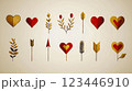 Minimalistic illustration featuring gold and red hearts, arrows, and botanical elements. The clean design, vibrant colors, and subtle gradients evoke a romantic and elegant aesthetic. 123446910