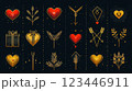 A luxurious black and gold graphic featuring heart motifs, arrows, laurel branches, and gift shapes. The intricate gold detailing and red accents create a refined, romantic, and festive ambiance. 123446911