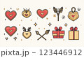 A vibrant and playful illustration featuring stylized red and gold hearts, arrows, wrapped gifts, and decorative elements like sparkles and wheat stalks, set on a cream background with a modern flair. 123446912