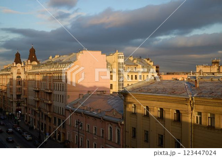 A Beautiful Historic Cityscape View at Dusk, Showcasing the Elegant Architecture and Atmosphere A Beautiful Historic Cityscape View at Dusk, Showcasing the Elegant Architecture and Atmosphere 123447024