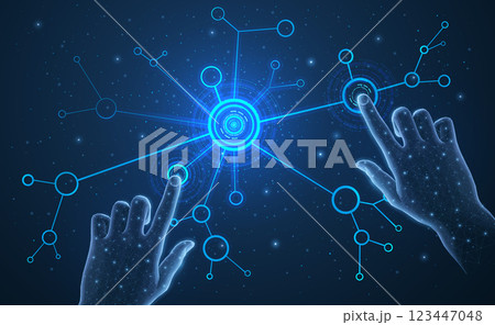 Hands on the blue digital background. Technology digital, future information. Hands on the blue digital background. Technology digital, future information. 123447048