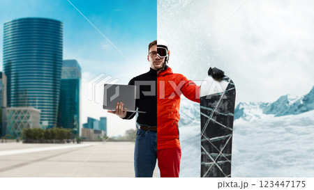 Composite image. Man in turtleneck with laptop on one side and ski gear with snowboard on other standing on urban street and snowy landscape 123447175