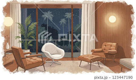 夜のリラックス感漂う水彩風ミッドセンチュリーモダンリビング 夜のリラックス感漂う水彩風ミッドセンチュリーモダンリビング 123447190