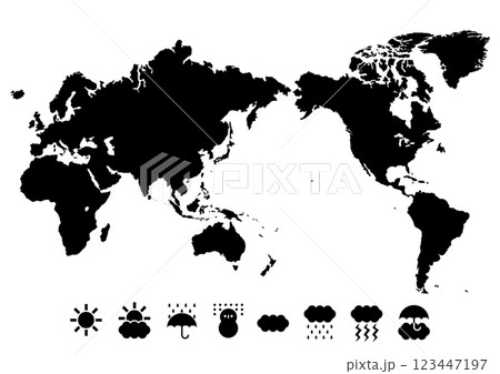 世界地図（日本中心）と天気記号アイコンのイラスト（黒） 123447197
