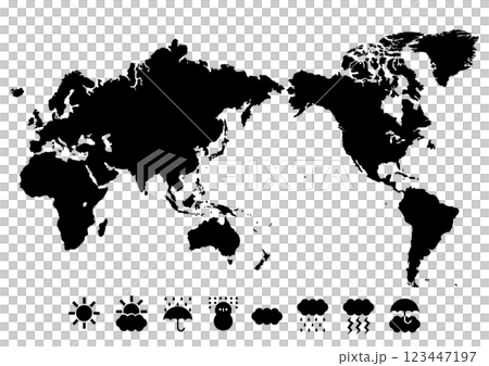 世界地図（日本中心）と天気記号アイコンのイラスト（黒） 123447197