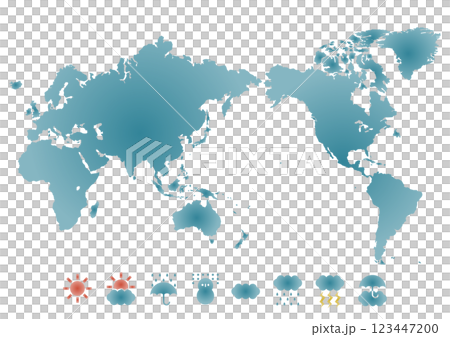 Illustration of world map (Japan centered) and weather symbol icons Illustration of world map (Japan centered) and weather symbol icons 123447200