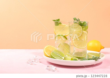 Detox drink with lemon, mint, lime and orange on a light table, mojito or cocktail improves metabolism and promotes weight loss and strengthens immunity, healthy lifestyle concept, selective focus Detox drink with lemon, mint, lime and orange on a light table, mojito or cocktail improves metabolism and promotes weight loss and strengthens immunity, healthy lifestyle concept, selective focus 123447228