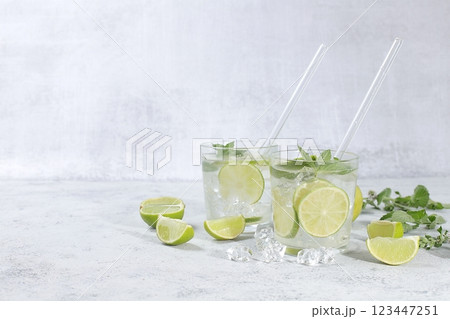Detox drink with mint, lime and orange on a light table, majito or cocktail improves metabolism and promotes weight loss, healthy lifestyle concept, selective focus Detox drink with mint, lime and orange on a light table, majito or cocktail improves metabolism and promotes weight loss, healthy lifestyle concept, selective focus 123447251