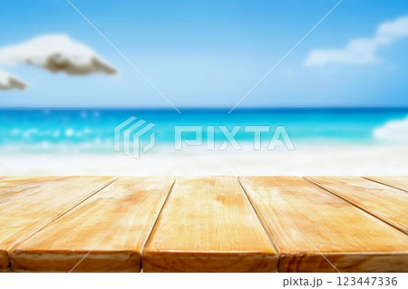 Wood table top on blurred blue sea and white sand beach background can be used for display or montage your products Wood table top on blurred blue sea and white sand beach background can be used for display or montage your products 123447336
