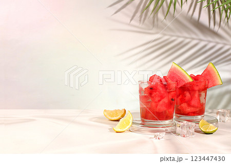 Ice cold homemade lemonade or cocktail, mojito with mint, watermelon and fruits, recipe for a refreshing summer drink, detox diet and weight loss concept, menu for restaurant, selective focus. Ice cold homemade lemonade or cocktail, mojito with mint, watermelon and fruits, recipe for a refreshing summer drink, detox diet and weight loss concept, menu for restaurant, selective focus. 123447430