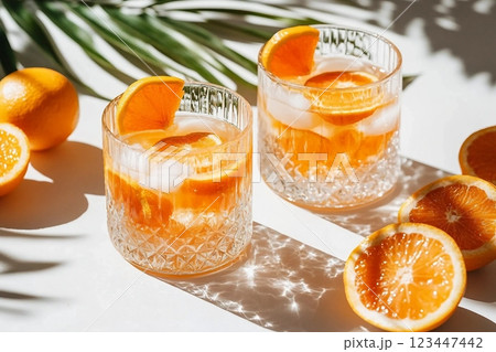 Summer orange cocktails with citrus fruits on white background. Hard seltzer, lemonade, refreshing drinks, low alcohol mocktails, summer party concept. Trendy palm leaf shadow and sunlight, sun Summer orange cocktails with citrus fruits on white background. Hard seltzer, lemonade, refreshing drinks, low alcohol mocktails, summer party concept. Trendy palm leaf shadow and sunlight, sun 123447442