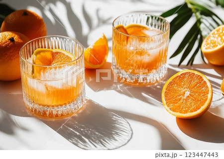 Summer orange cocktails with citrus fruits on white background. Hard seltzer, lemonade, refreshing drinks, low alcohol mocktails, summer party concept. Trendy palm leaf shadow and sunlight, sun 123447443