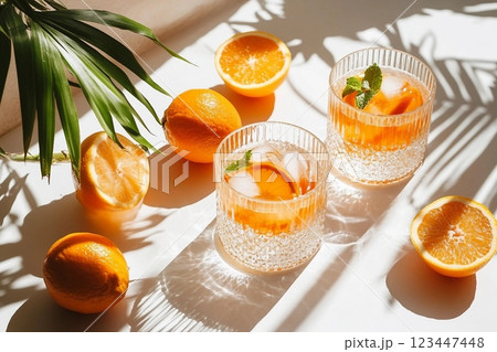 Summer orange cocktails with citrus fruits on white background. Hard seltzer, lemonade, refreshing drinks, low alcohol mocktails, summer party concept. Trendy palm leaf shadow and sunlight, sun 123447448