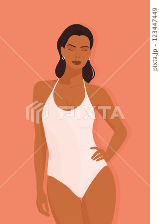Flat vector illustration of a woman in a white swimsuit isolated 123447449