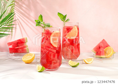 Ice cold homemade lemonade or cocktail with mint, watermelon and fruits on a sunny table, refreshing summer drink recipe, detox diet and weight loss concept, menu for restaurant, selective focus.. Ice cold homemade lemonade or cocktail with mint, watermelon and fruits on a sunny table, refreshing summer drink recipe, detox diet and weight loss concept, menu for restaurant, selective focus.. 123447476