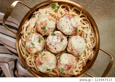 spaghetti with chicken meatballs, with cream sauce, and parmesan cheese, and decorated with microgreens, homemade, no people, 123447513