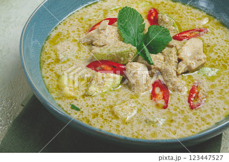 green curry with chicken, traditional Thai cuisine, Asian food, homemade, no people, 123447527