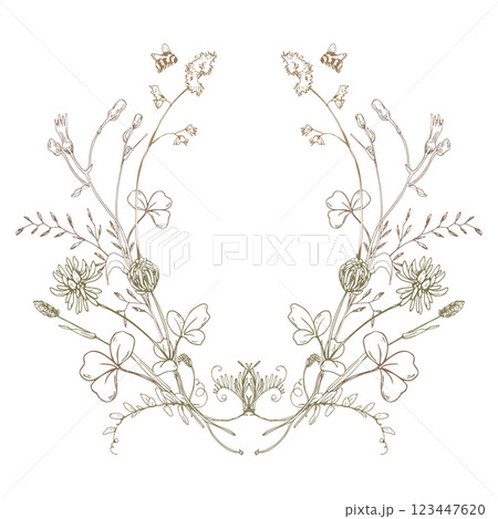 Field, meadow, wild flowers and herbs clover with shepherd s purse, pollen. Line art is a simple hand-drawn illustration in beige, ochre, brown ink. Circle wreath frame vector EPS Field, meadow, wild flowers and herbs clover with shepherd s purse, pollen. Line art is a simple hand-drawn illustration in beige, ochre, brown ink. Circle wreath frame vector EPS 123447620