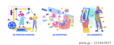 Cartoon Color 3D Printed Fashion, Ar Shopping and Garments Concept with Characters Flat Design Style. Vector illustration 123447657
