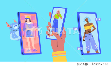 Cartoon Color Characters and Fashion Tech Clothes on Smartphone Concept Flat Design Style. Vector illustration of Virtual Outfit 123447658