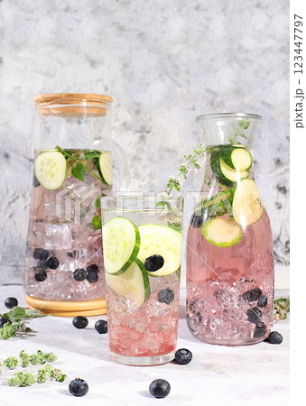 The concept of detox diet and body cleansing. Refreshing homemade lemonade cocktail with fresh cucumbers, blueberries and mint. Fruit juice and ingredients, weight loss concept, healthy and natural The concept of detox diet and body cleansing. Refreshing homemade lemonade cocktail with fresh cucumbers, blueberries and mint. Fruit juice and ingredients, weight loss concept, healthy and natural 123447797