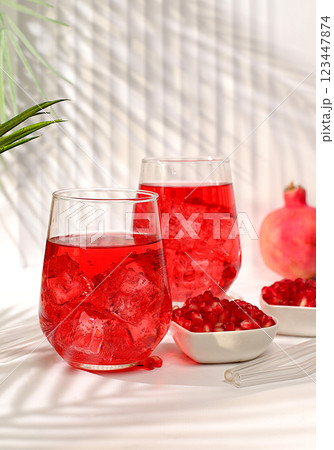 Pomegranate fruit juice and ingredients, summer pomegranate drink on bright table, detox diet and weight loss concept, healthy and natural food, source of vitamin C, selective focus, space for text Pomegranate fruit juice and ingredients, summer pomegranate drink on bright table, detox diet and weight loss concept, healthy and natural food, source of vitamin C, selective focus, space for text 123447874