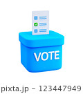 3d cute blue ballot box and inserted voting paper with green checkmark isolated on white background. Design element for political. 123447949