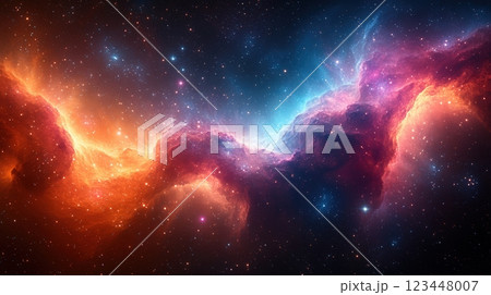 An abstract illustration of swirling galaxies, nebulae, and stars, creating a mesmerizing and dynamic dance of light and color across the vastness of space. 123448007