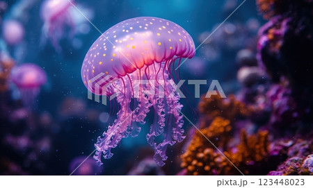 Image of an underwater scene with fairy jellyfish and coral reefs. 123448023