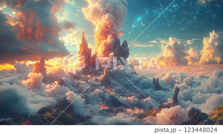 Surrealistic landscape with floating clouds and abstract figures. 123448024