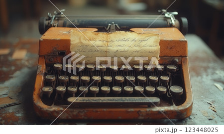 A nostalgic image of a vintage typewriter with worn keys and a crumpled piece of paper with handwritten words. 123448025
