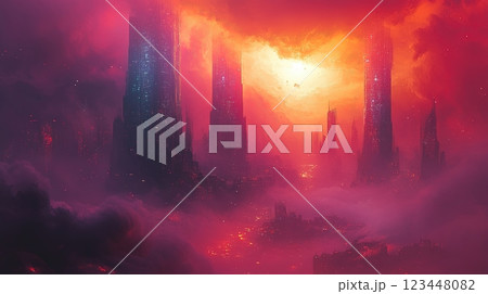 An illustration of a futuristic city where buildings are made of shimmering, iridescent materials, and the air is filled with a soft, otherworldly hum. An illustration of a futuristic city where buildings are made of shimmering, iridescent materials, and the air is filled with a soft, otherworldly hum. 123448082