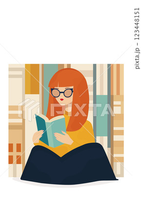 flat cartoon girl with book in mid century modern style 123448151