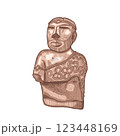 Detailed hand drawn vector illustration of ancient sculpture of Priest-King from Indus Valley, Harappan Civilization. Hatching drawing male bust adorned with intricate carvings and patterns. 123448169