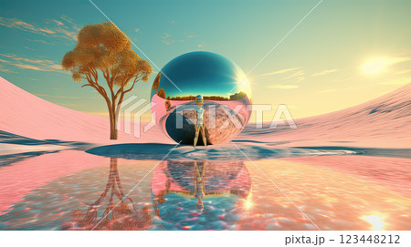 Surreal vaporwave scene with golden ball on the landscape with mountains and sea. 90s styled abstract surreal pink composition. Generated AI. 123448212