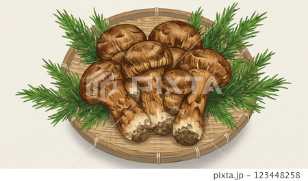 秋の味覚・松茸を竹ざるに盛った和風イラスト 123448258