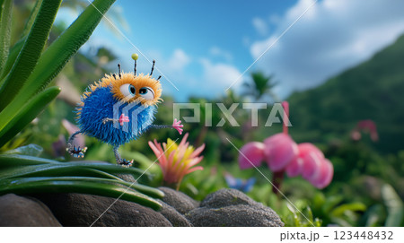 Cute Floral monsters, meadows spirits magic background. Mountain ranges above the blooming valley. Photo wallpaper 123448432