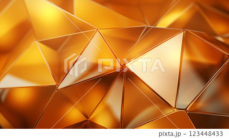 Golden, yellow triangles background glossy start-up presentation, design shiny amber 3d realistic caramel color toned. Abstract glittering cover illustration. Backdrop, banner 123448433